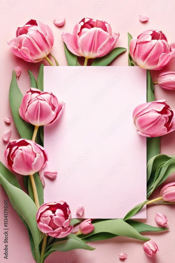 A stunning arrangement of pink tulips frames a blank white space on a soft pink background, creating an elegant and romantic atmosphere perfect for spring celebrations A stunning arrangement of pink tulips frames a blank white space on a soft pink background, creating an elegant and romantic atmosphere perfect for spring celebrations