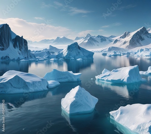 Frosty landscape with icebergs floating on a serene blue background , frozen world, glaciers photo