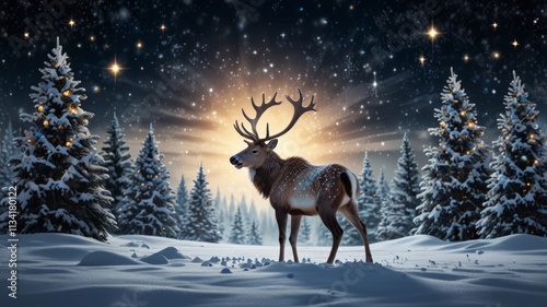 A deer stands gracefully in a snowy landscape lit by glowing lights from distant trees, surrounded by falling snow, capturing the essence of a peaceful winter night