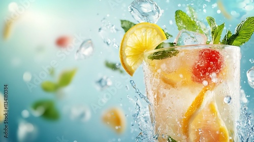 Colorful Tropical Cocktail Splash with Lemon and Mint Garnishes