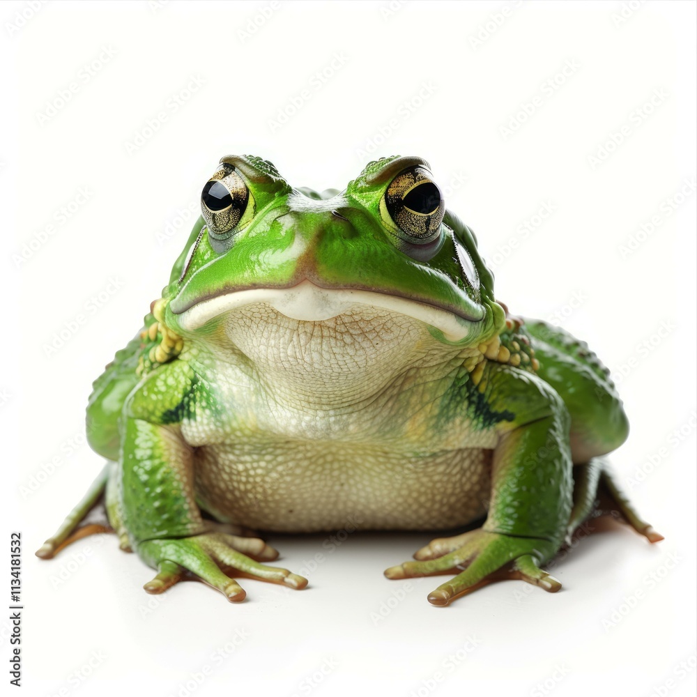 Obraz premium Green frog sitting and staring on a white background