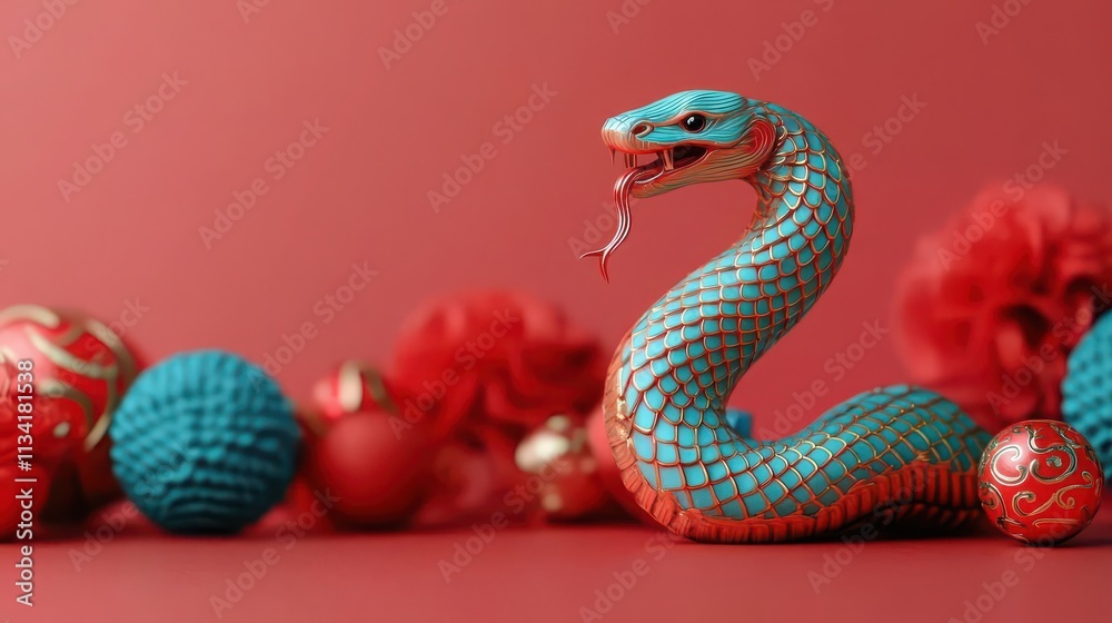 Naklejka premium A vibrant, artistic representation of a snake, adorned in turquoise and red, surrounded by decorative ornaments against a red backdrop.
