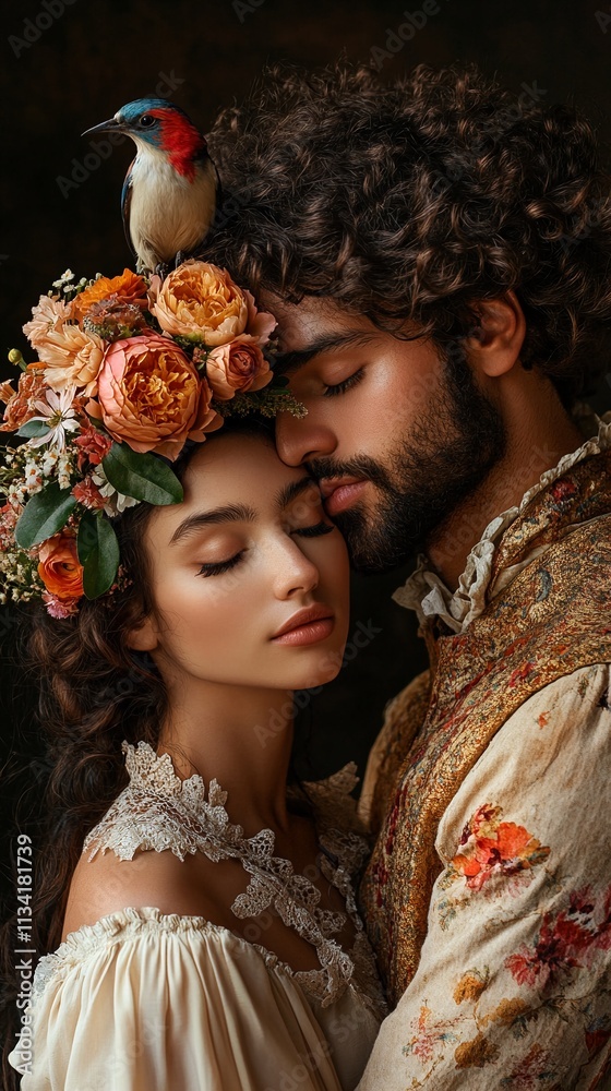 Whispers of Nature: A romantic embrace amidst blooming flowers and vibrant birds. Whispers of Nature: A romantic embrace amidst blooming flowers and vibrant birds.