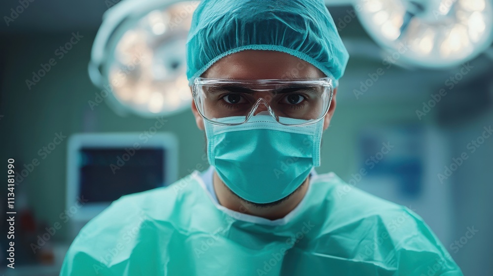 A health professional standing in a surgical room, wearing protective gear and ready for surgery. A health professional standing in a surgical room, wearing protective gear and ready for surgery.