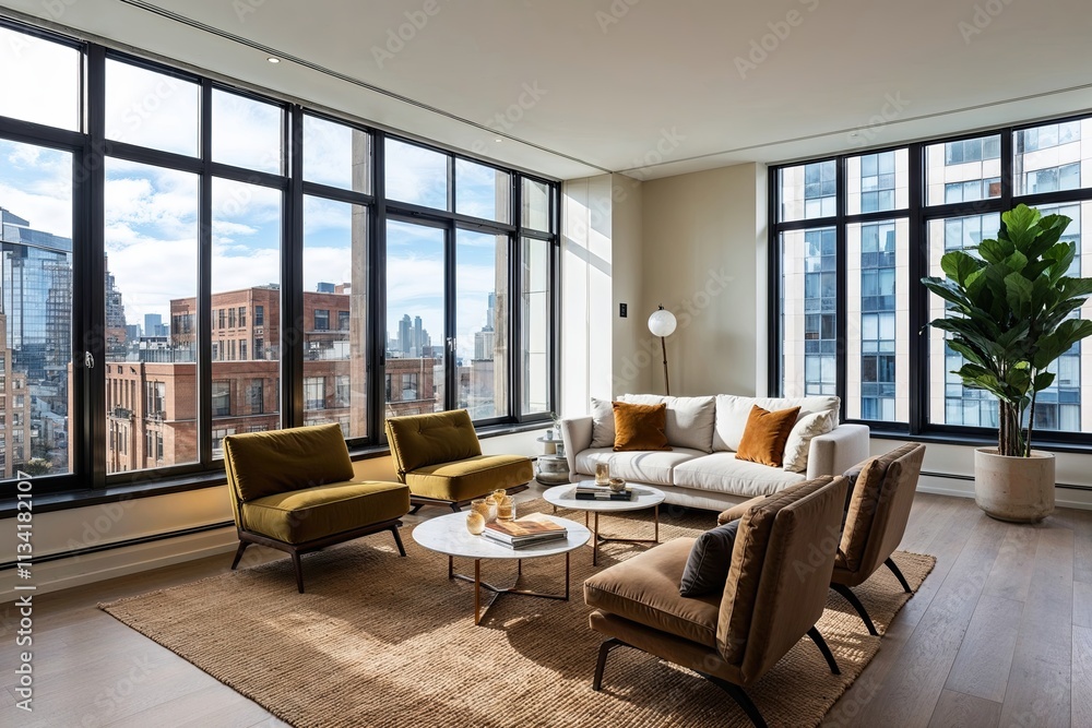 Fototapeta premium Bright Apartment with Large Windows and Cozy Seating in a Contemporary Design