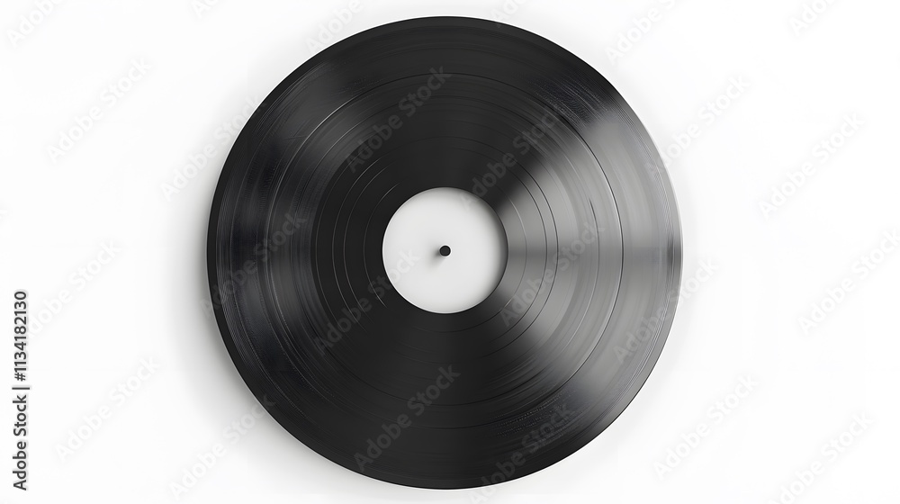 Obraz premium A close-up of a black vinyl record with a white label, isolated on a white background.