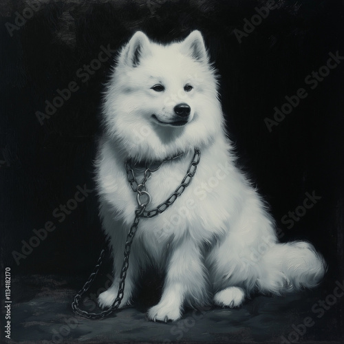 Stunning Samoyed dog posed elegantly with a leash against a contrasting dark background photo