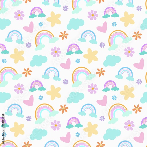 seamless pattern with clouds and rainbow
