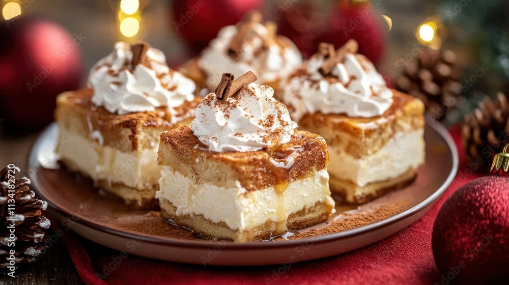 A plate of delicious layered desserts topped with whipped cream and chocolate shavings. A plate of delicious layered desserts topped with whipped cream and chocolate shavings.