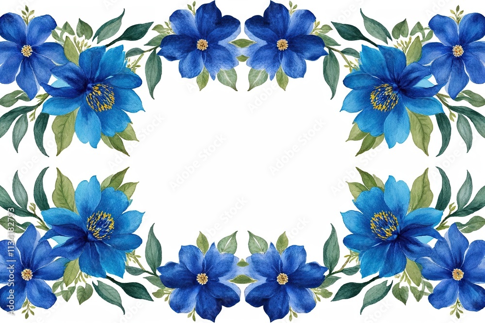 Fototapeta premium Vibrant Blue Floral Watercolor Seamless Border with Leafy Accents for Invitations Home Decor Crafting and Greeting Cards