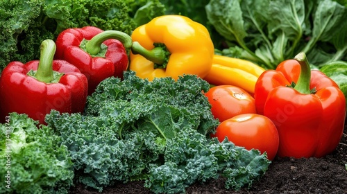 A healthy vegetable garden at home, with rows of vegetables like kale, tomatoes, and peppers.