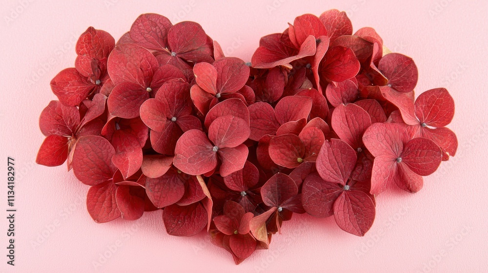 Obraz premium A heart-shaped arrangement of red petals against a pink background, creating a romantic and vibrant visual.