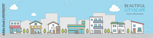 シンプルなデザインのお店や住宅が並ぶ、青空が広がる街並みのベクターイラスト