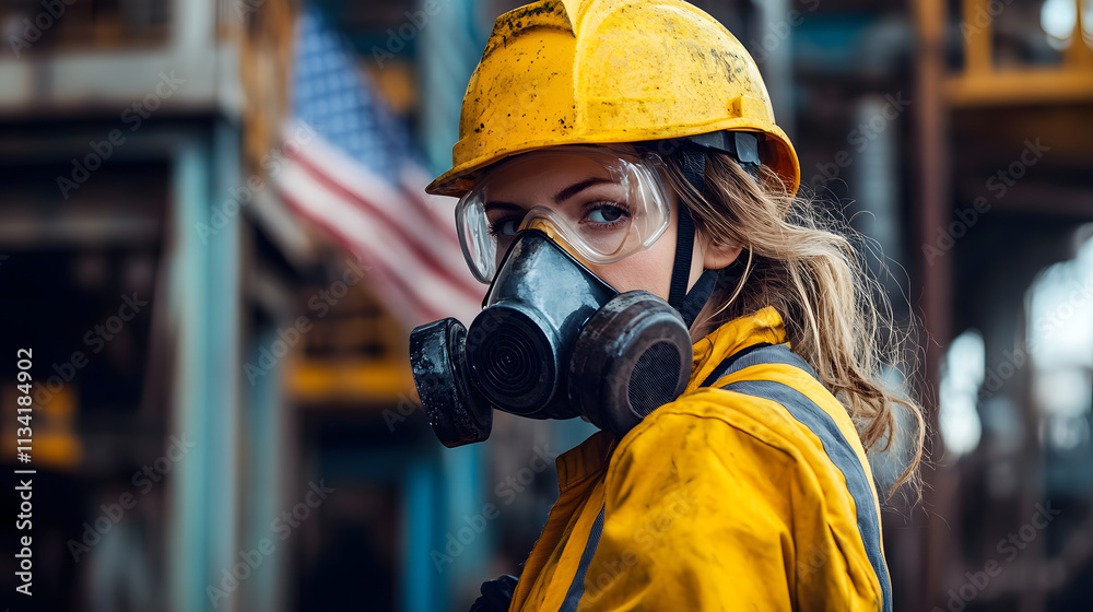 A woman adorned in a vibrant yellow helmet and protective gas mask stands confidently in a hazardous work environment. Her sturdy attire hints at the dangerous nature of her surroundings A woman adorned in a vibrant yellow helmet and protective gas mask stands confidently in a hazardous work environment. Her sturdy attire hints at the dangerous nature of her surroundings