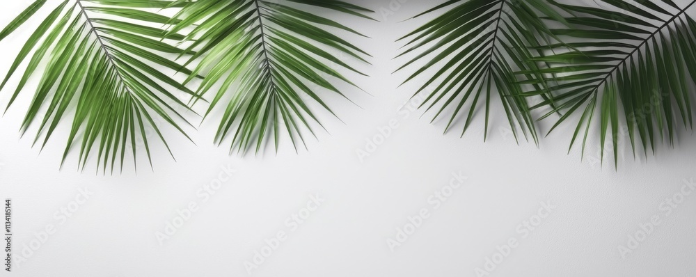 Lush green palm leaves frame a blank, light background, creating a fresh and tropical aesthetic perfect for design and decor. Lush green palm leaves frame a blank, light background, creating a fresh and tropical aesthetic perfect for design and decor.