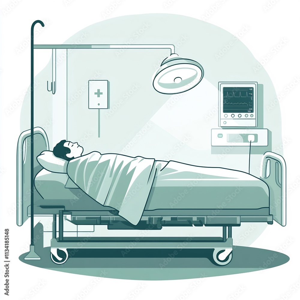 Stylized Hospital Bed Icon with Resting Patient and Overhead Surgical Lamp Stylized Hospital Bed Icon with Resting Patient and Overhead Surgical Lamp