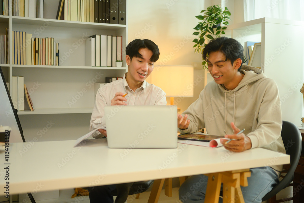Friendly tutor explaining to student during a private lesson. Education, knowledge and tutoring concept Friendly tutor explaining to student during a private lesson. Education, knowledge and tutoring concept