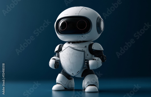 Cute robot on blue background. A small, friendly robot with a shield poses confidently on a solid blue surface, showcasing its charming design.