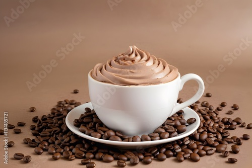 Cup of coffee with coffee beans on mocha mousse color background with copy space.