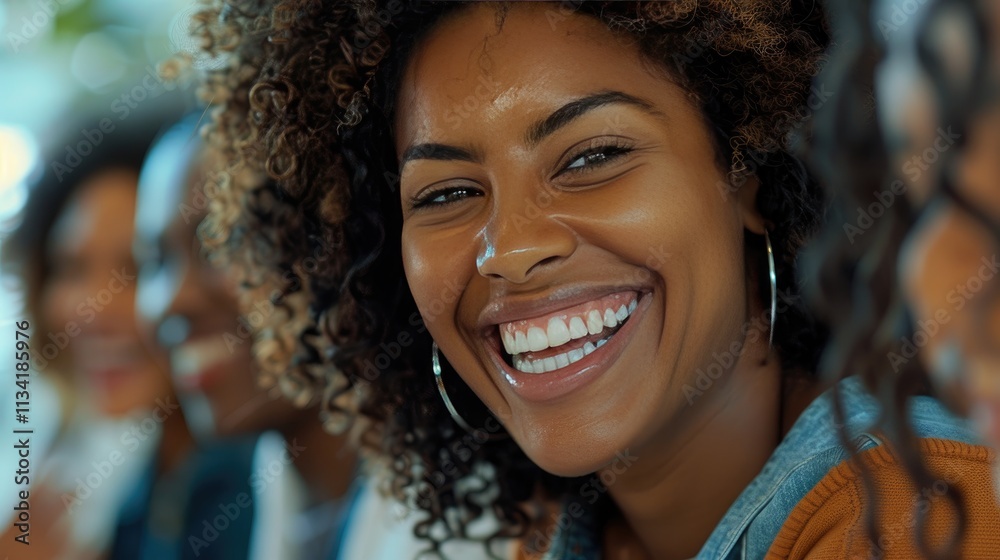 Closeup of a diverse group smiling and talking in an office setting, focusing on one woman with curly hair laughing while looking at the camera Closeup of a diverse group smiling and talking in an office setting, focusing on one woman with curly hair laughing while looking at the camera