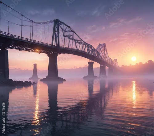 Bridge over the bay with a misty dawn and a calm sea, bridge, soft light