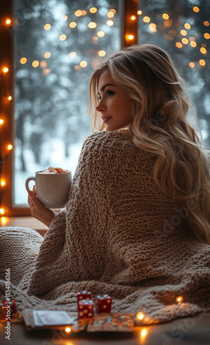 Cozy winter night with hot chocolate. A woman wrapped in a blanket enjoys hot chocolate by a warmly lit window on a snowy evening.