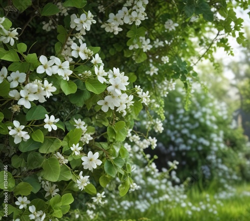 A lush green vine with tiny white flowers blooming in the shade , spring bloom, nature, foliage