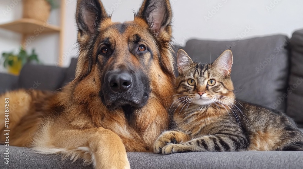 A German Shepherd and a tabby cat cuddle together on a couch, showcasing a warm friendship between two different pets. A German Shepherd and a tabby cat cuddle together on a couch, showcasing a warm friendship between two different pets.