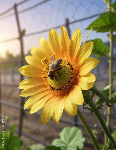 Bee collecting nectar from a bitter melon flower near a wire fence, garden, nature photo