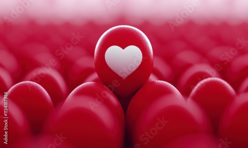 A single heart symbol stands out among many red spheres, symbolizing love. photo