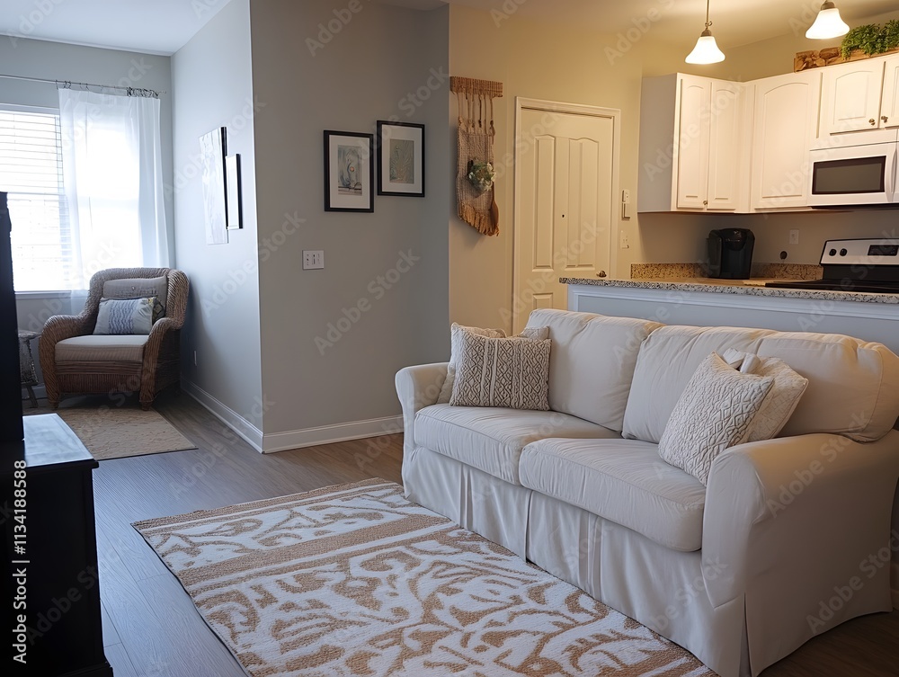 Fototapeta premium Cozy living room with a white couch, decorative pillows, and a warm atmosphere.