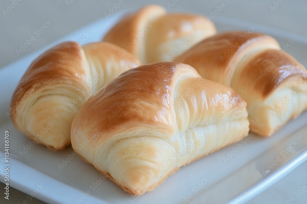 Freshly Baked Golden Croissants on a White Plate with Soft, Flaky Layers, Perfect for Breakfast or Pastry Lovers Seeking Delicious Treats