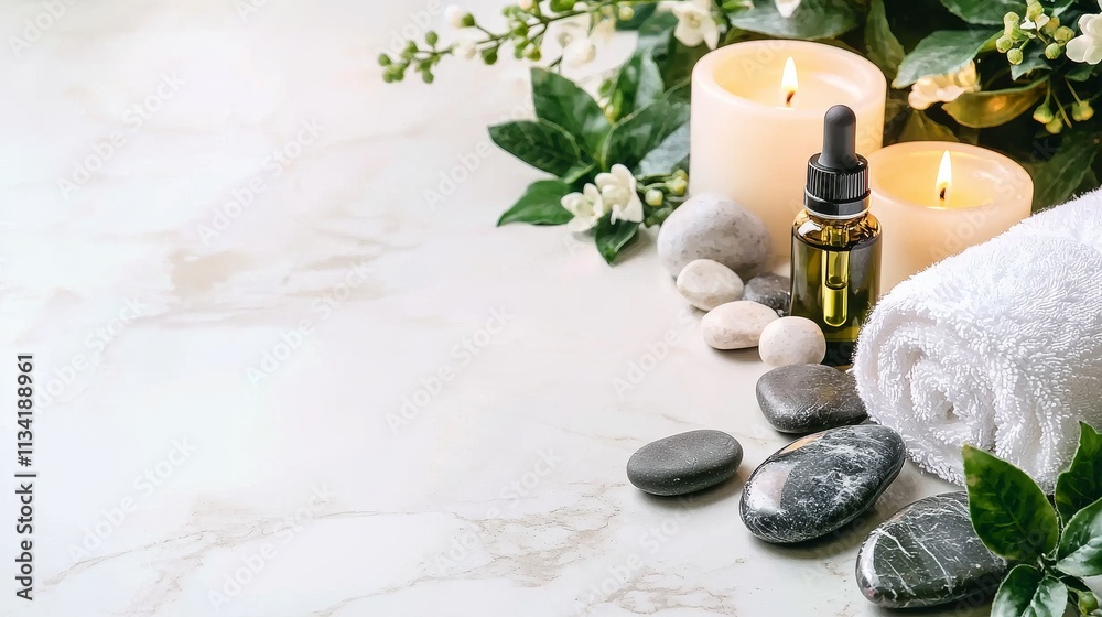 A serene spa arrangement featuring candles, essential oil, smooth stones, and greenery, perfect for relaxation and self-care. A serene spa arrangement featuring candles, essential oil, smooth stones, and greenery, perfect for relaxation and self-care.