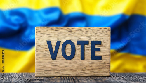 Wood sign by blue and yellow flag. A wooden sign that says vote stands out against a blue and yellow background of national pride. photo