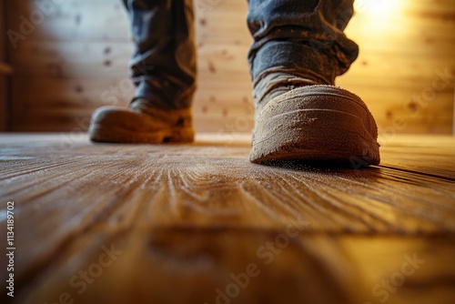 Close-up of a worker's boots on a wooden floor in a rustic setting.