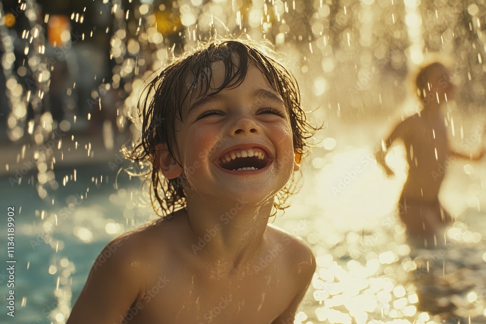 Obraz premium A joyful child laughing in a water fountain, capturing the essence of carefree summer fun.