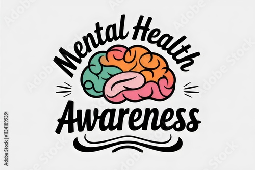 A colorful illustration of a brain with the words MENTAL HEALTH AWARENESS text. brain is divided into green, yellow, red and blue sections. Ideal for promoting mental health awareness.