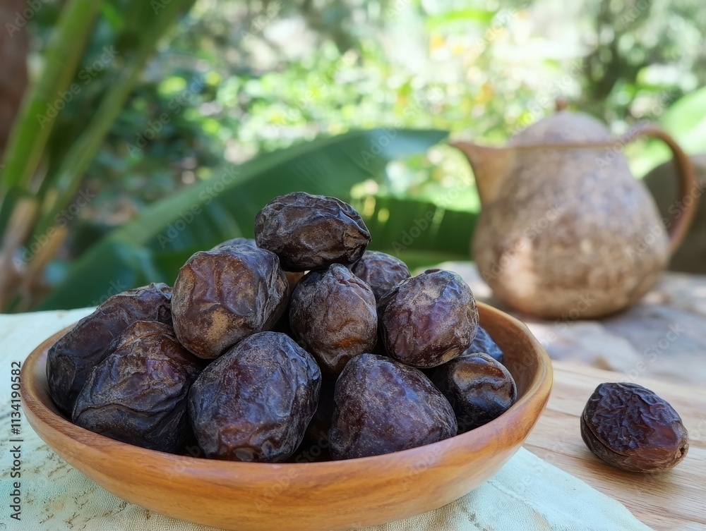 Obraz premium Aromatic Dried Dates in Wooden Bowl, Outdoor Setting, Natural Light Photography
