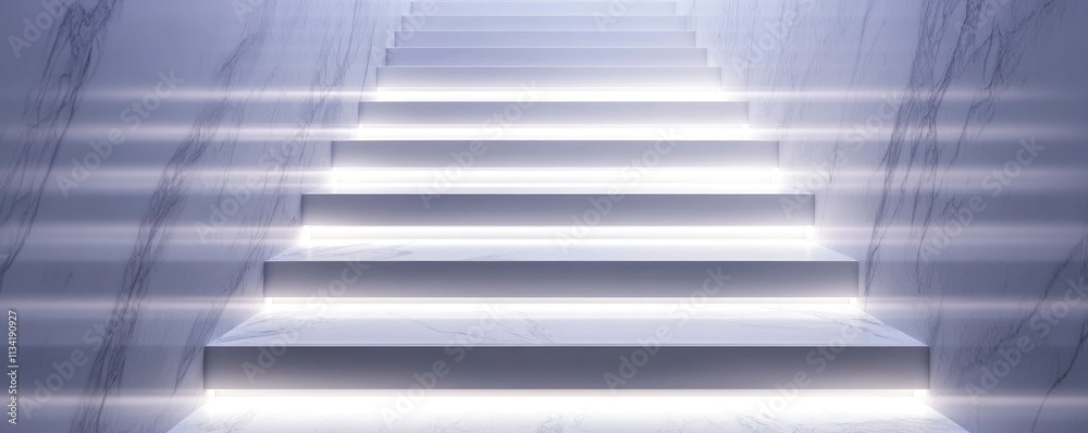 Obraz premium A modern staircase illuminated with soft, glowing light, creating a serene atmosphere.