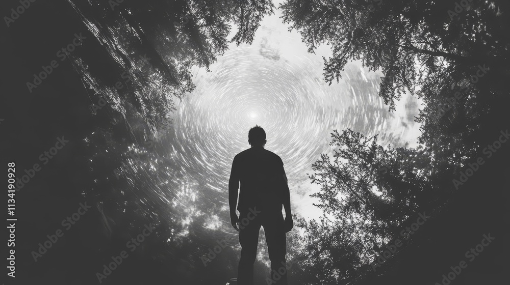 Fototapeta premium A striking silhouette stands before a mesmerizing swirling sky, invoking mystery and exploring perspectives on nature and the cosmos.