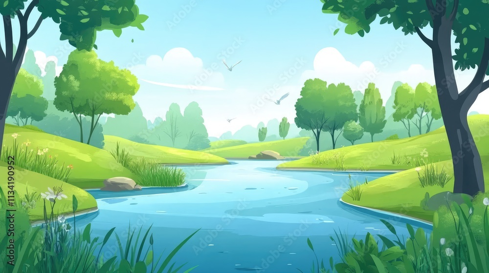 The River Animated Design. Nature Subject. Design of the background, wallpaper, or scene. The River Animated Design. Nature Subject. Design of the background, wallpaper, or scene.