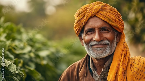 Elderly man smiles warmly, wearing traditional turban, surrounded by lush greenery, capturing cultural vibrance and serene rural life. photo