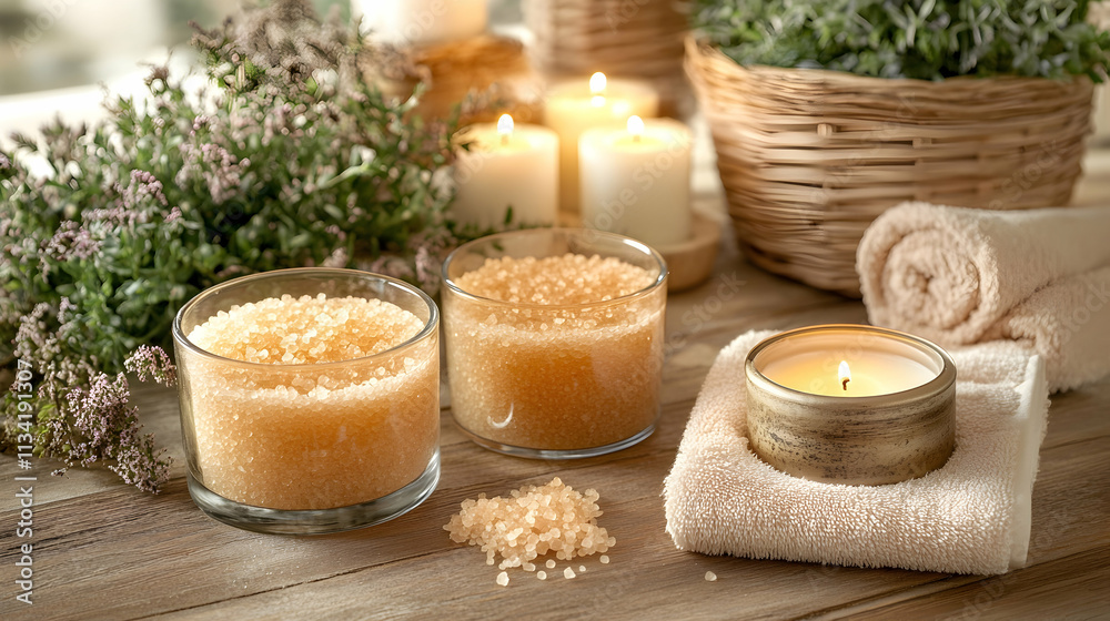 Luxurious spa setting with bath salts, candles, and towels.  Perfect for wellness, relaxation, and self-care themes.