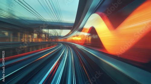 Vivid motion blur captures the exhilarating speed and energy of a futuristic train in vibrant urban colors.