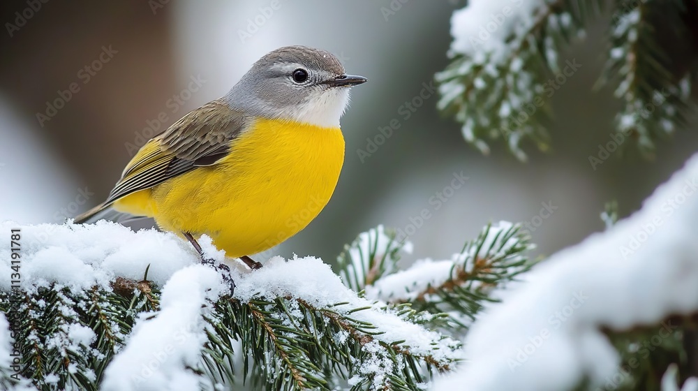 A beautiful yellow and gray bird perched on the snow-covered branches of an evergreen tree A beautiful yellow and gray bird perched on the snow-covered branches of an evergreen tree