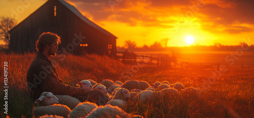 Man tending sheep during a sunset in a field. A man quietly sits among a flock of sheep as the sun sets, illuminating the landscape with warm golden hues.