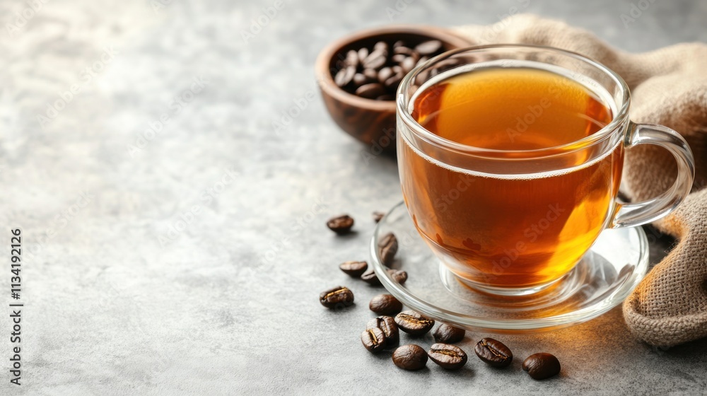A glass cup of tea beside coffee beans and a bowl, set on a textured surface. A glass cup of tea beside coffee beans and a bowl, set on a textured surface.