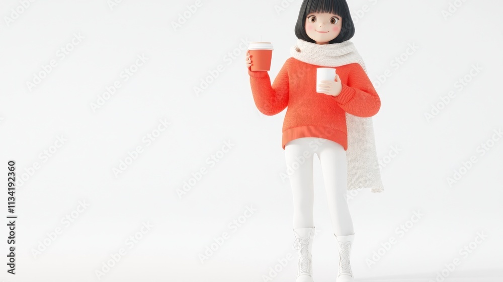 Cute cartoon girl holding coffee cups, wearing winter clothes. Cute cartoon girl holding coffee cups, wearing winter clothes.