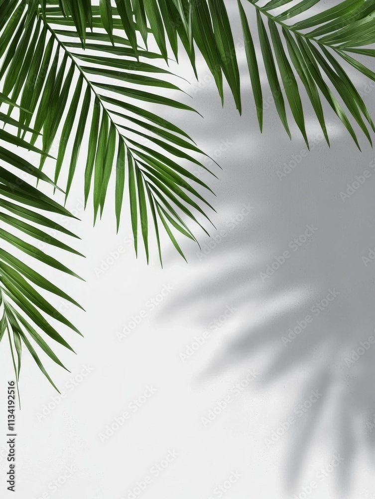 Lush green palm leaves cast shadows against a plain white background, creating a serene and tropical ambiance. Lush green palm leaves cast shadows against a plain white background, creating a serene and tropical ambiance.