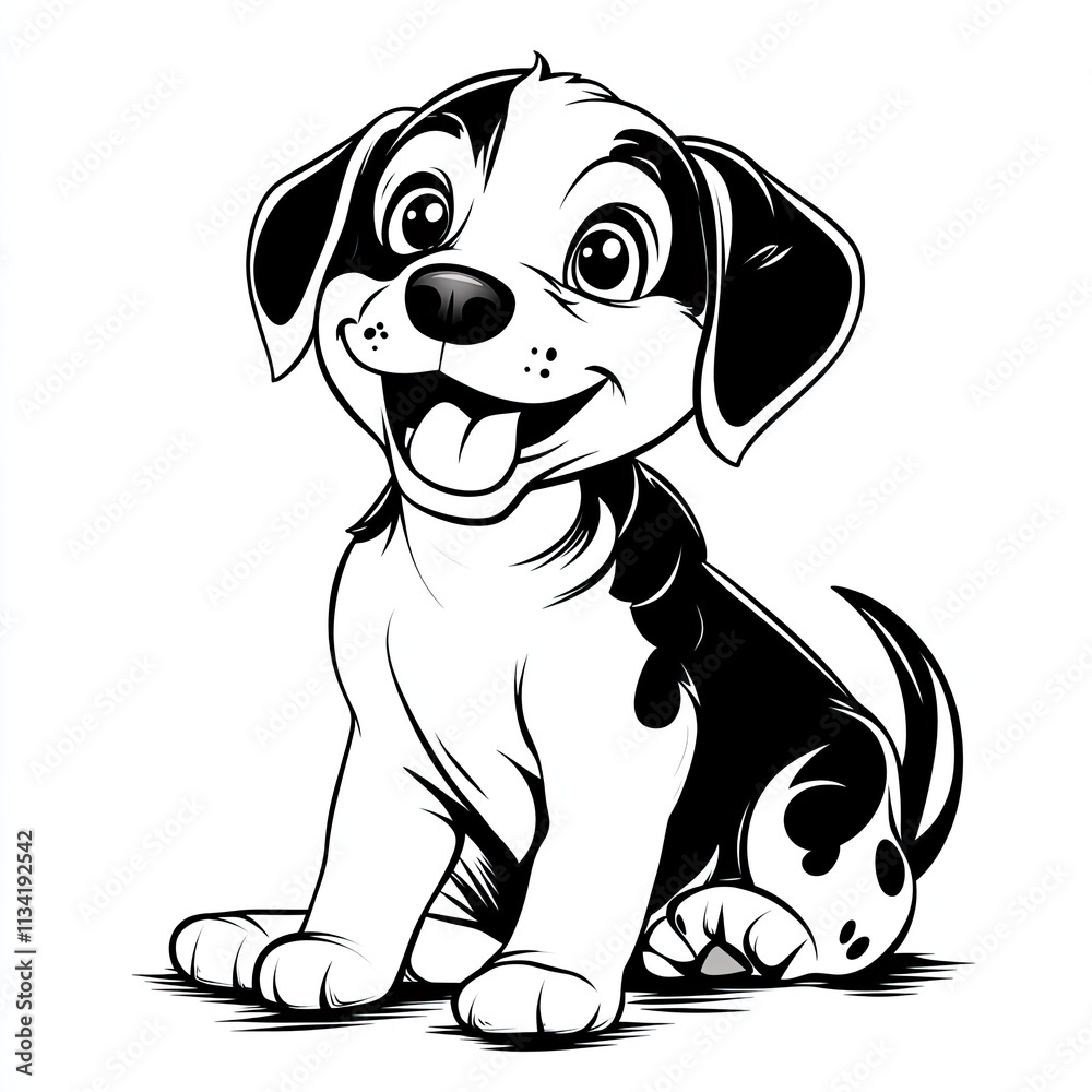 Fototapeta premium Adorable Cartoon Dalmatian Puppy Illustration with Happy Expression in Black and White Line Art Style.